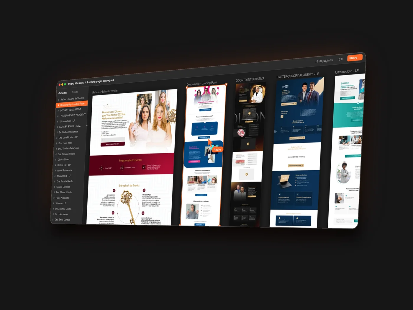 O Figma do Pedro com landing pages entregues para clientes